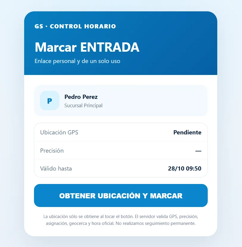 Pantalla real para marcar entrada y validar ubicación GPS