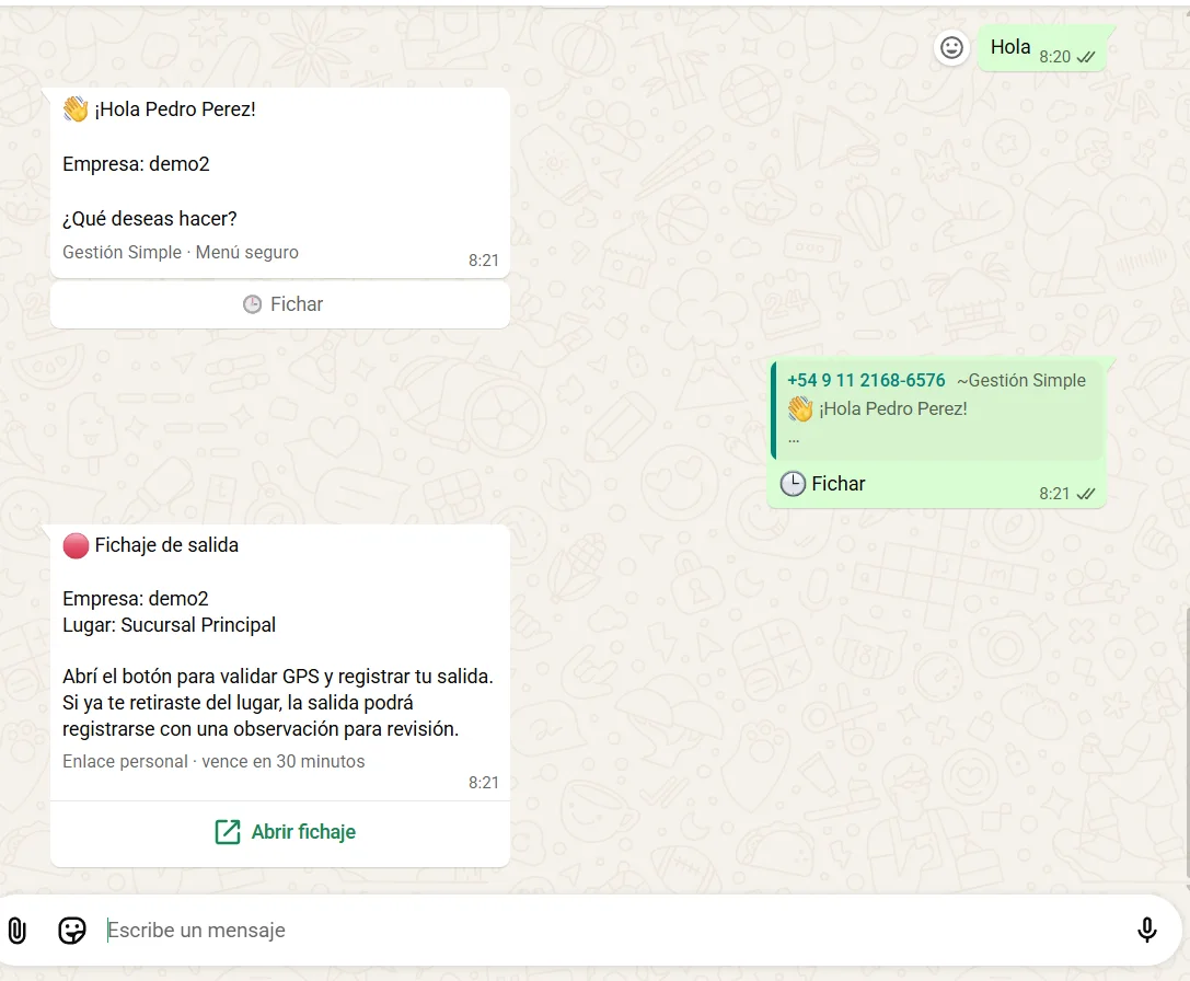 Captura real del sistema fichaje por whatsapp con validación gps